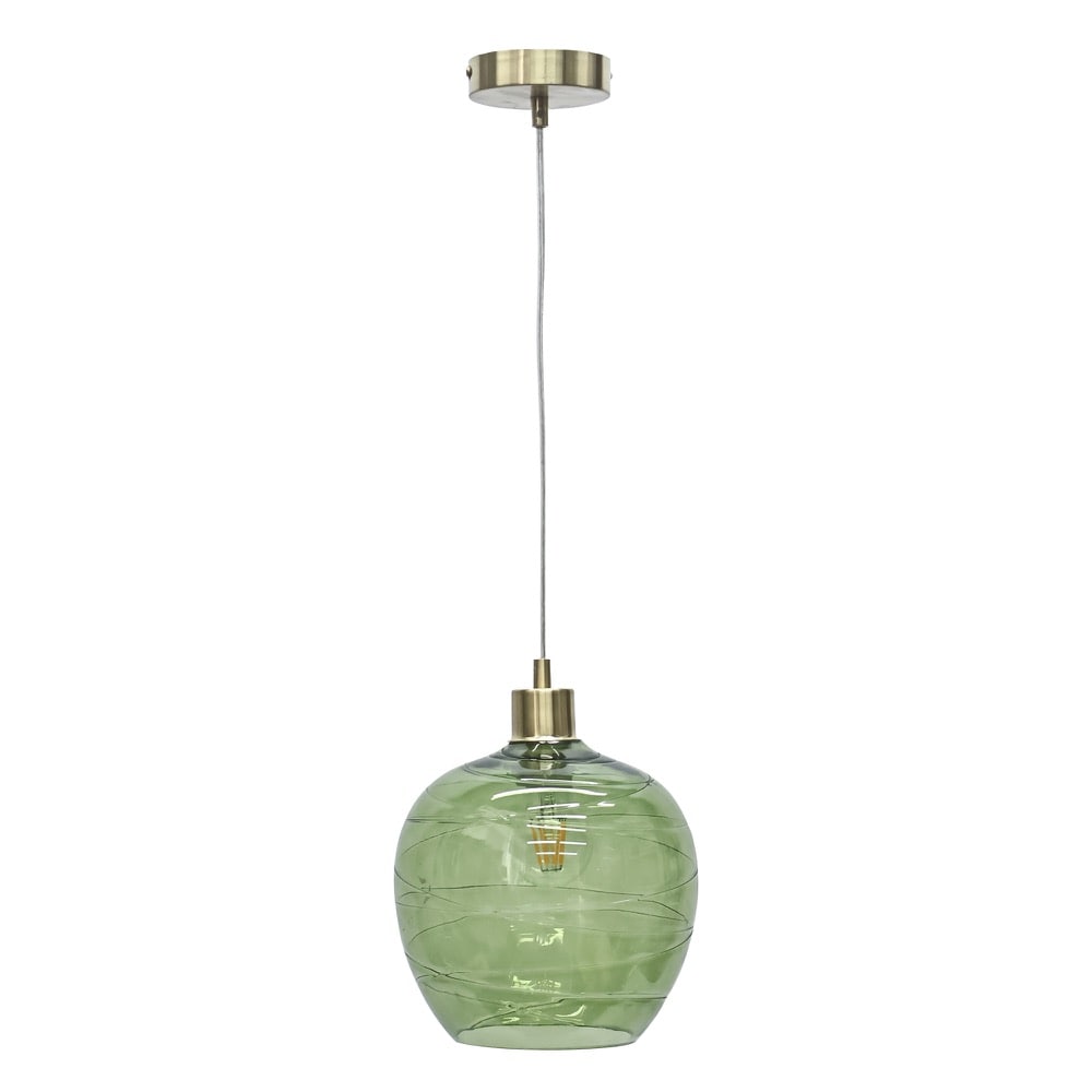 First Choice Lighting Leah - Green Ripple Glass Globe with Satin Brass Pendant Fitting