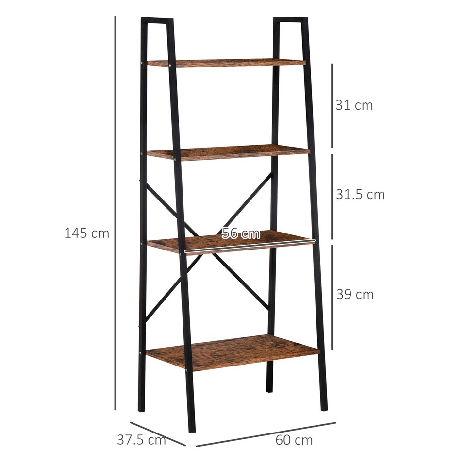 image 1 of HOMCOM Ladder Shelf, Bookshelf, 4-Tier Industrial Storage Rack for Living Room, Bedroom, Kitchen, Rustic Brown and Black