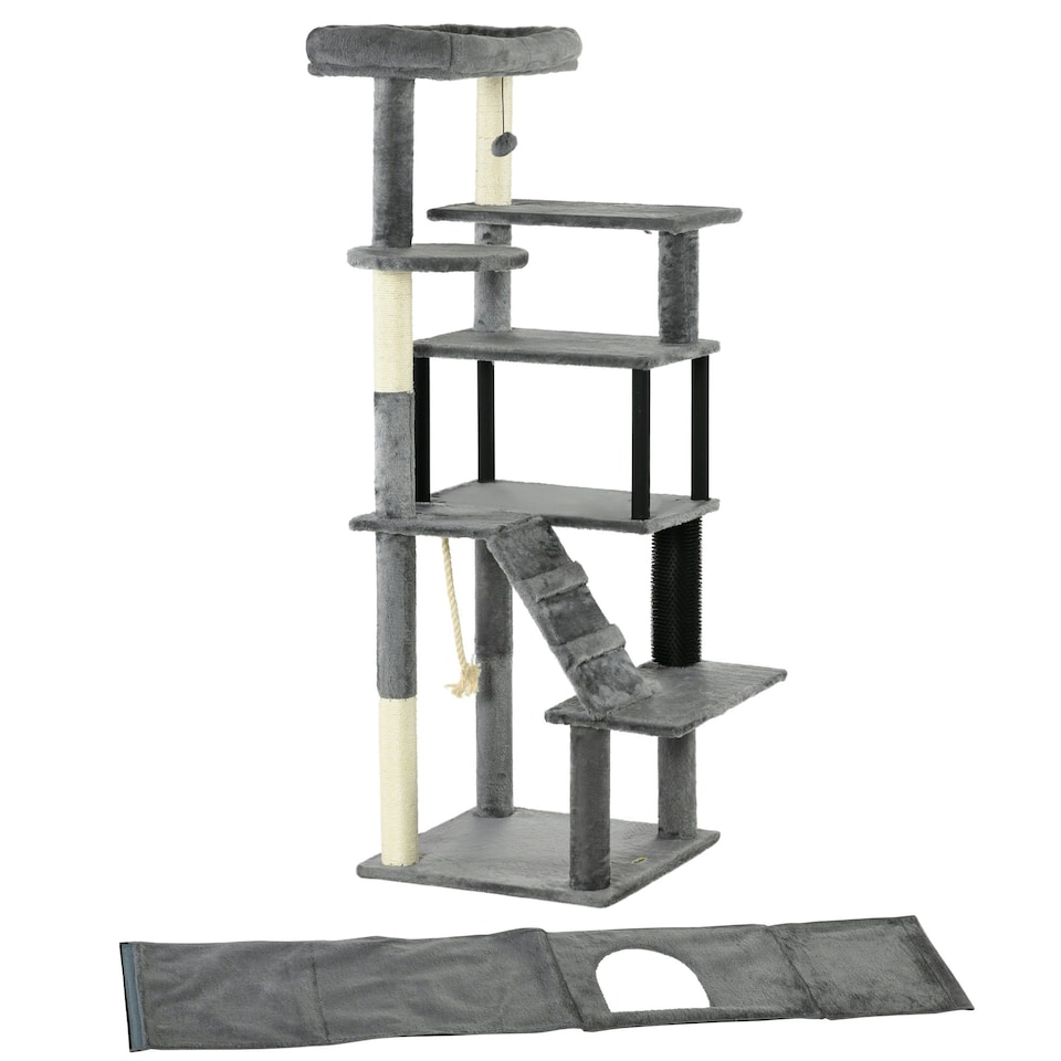 image 1 of PawHut Cat Tree with Scratching Post House Bed Toy for 2 Cats, 148cm, Grey