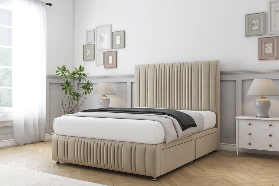 image 1 of Sloomy Kingsley Almond Coniston Divan Bed With Mattress 2 Drawers Left Side With 26" Strutted Headboard & 12" Matching Footboard 4' Small Double | Cream | Almond | Small Double | 1