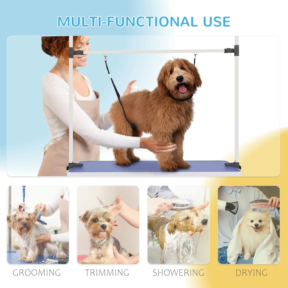 image 1 of PawHut Metal Adjustable Dog Grooming Table Rubber Top 2 Safety Slings Mesh