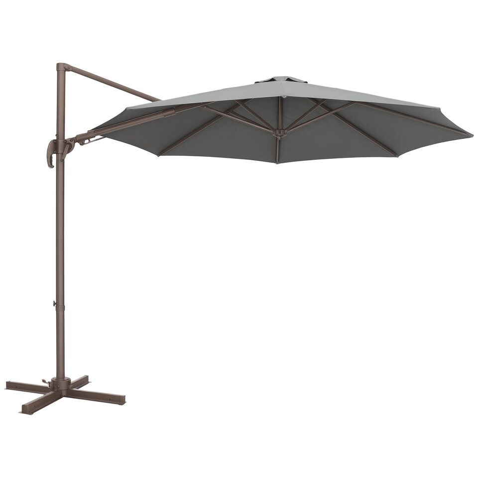image 1 of Outsunny 3m Cantilever Parasol 360 Rotation Roma Umbrella Hanging Sun Shade with Aluminium Frame, Tilt Crank, 8 Ribs and Cross Base, Dark Grey