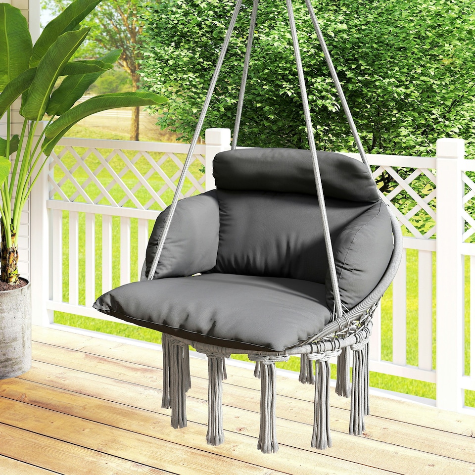 image 1 of Outsunny Hammock Chair, Boho Hanging Swing Chair with Cushion, Dark Grey 
