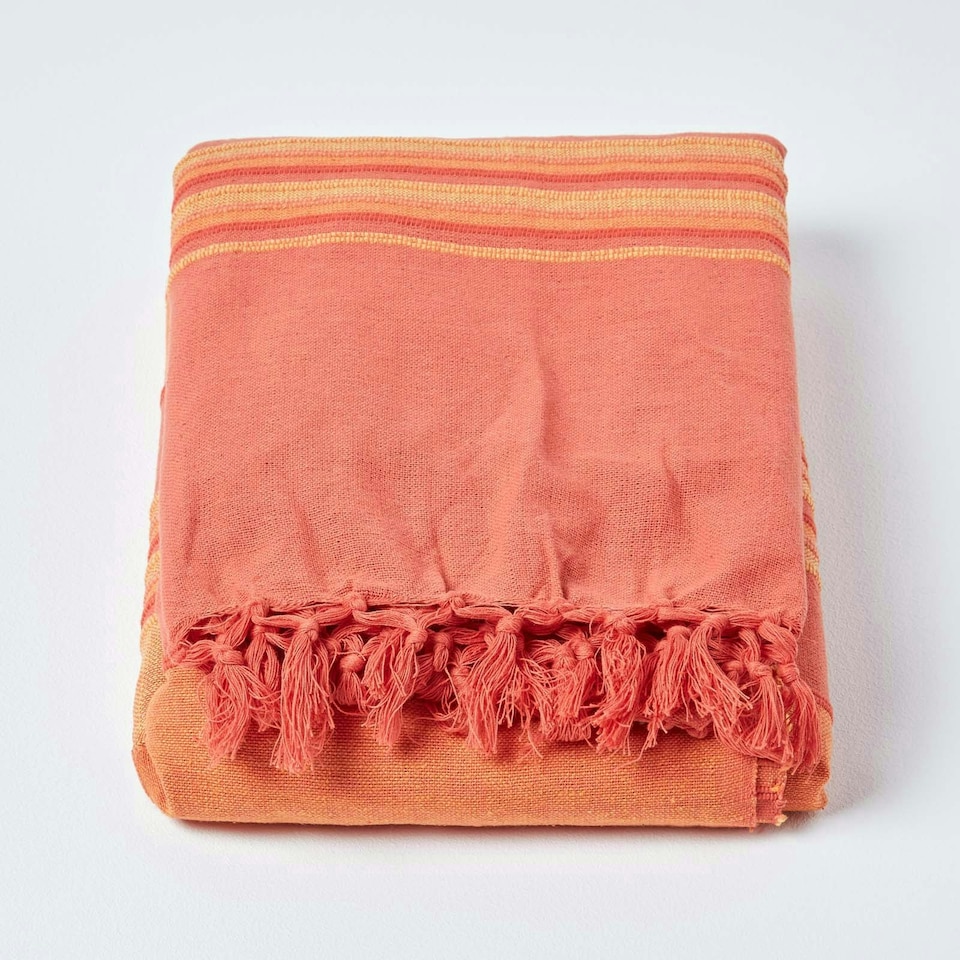 image 1 of Homescapes Cotton Morocco Striped Terracotta Throw - 225 x 255 cm | Orange