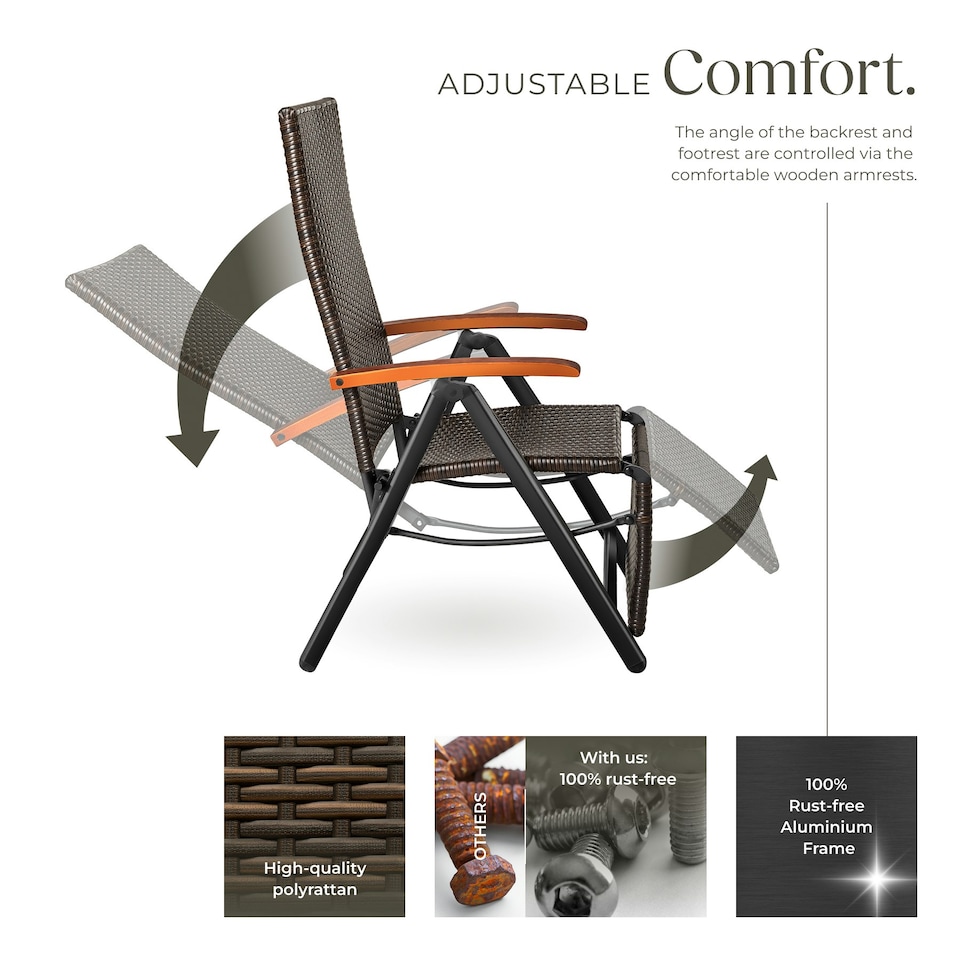 image 1 of Garden Chair Brisbane - 6-way adjustable backrest and footrest, foldable Brown