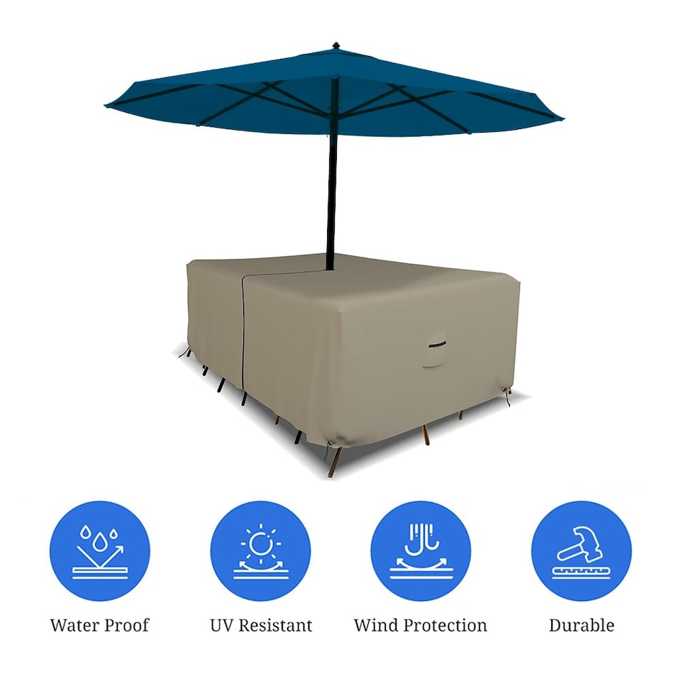 image 1 of Covers&All Rectangle Table & Chair Set Cover, Umbrella Hole, 12 Oz Waterproof UV & Weather Resistant, 76 ft ft L x 46 ft ft W x 30 ft ft H, Beige