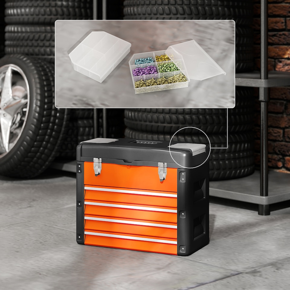 image 1 of HOMCOM 4 Drawers Large Tool Box, Powder Coated Steel Toolbowith Top Tray, Mini Parts Boxes, Ball Bearing Runners, Handle, Heavy Duty Tool Chest for Workshop, Garage, 497mm 253mm 407mm, Orange | Orange | Black | 1