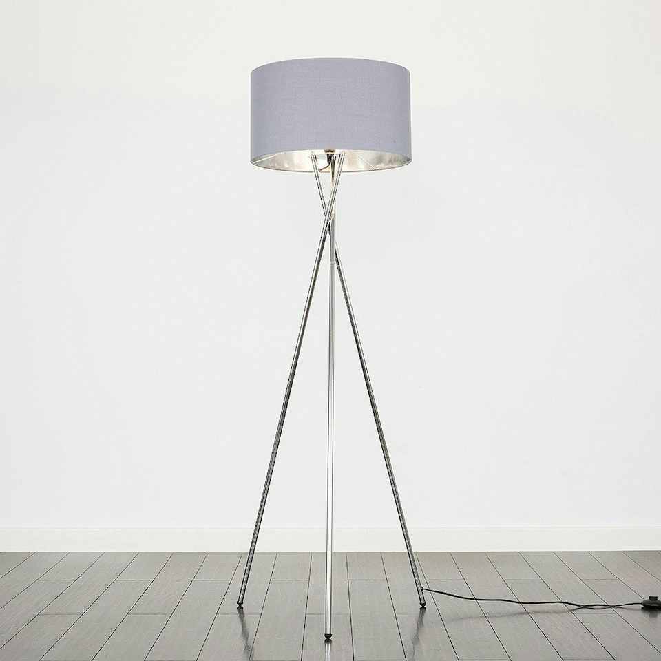 image 1 of ValueLights Camden Chrome Tripod Floor Lamp Grey & Silver Shade & Bulb | Silver