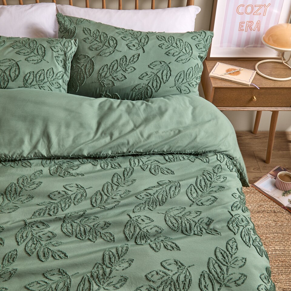 image 1 of Duvet Day Seville Leaf Tufted Soft Touch Duvet Cover Set | Green | Green | Super King | 1