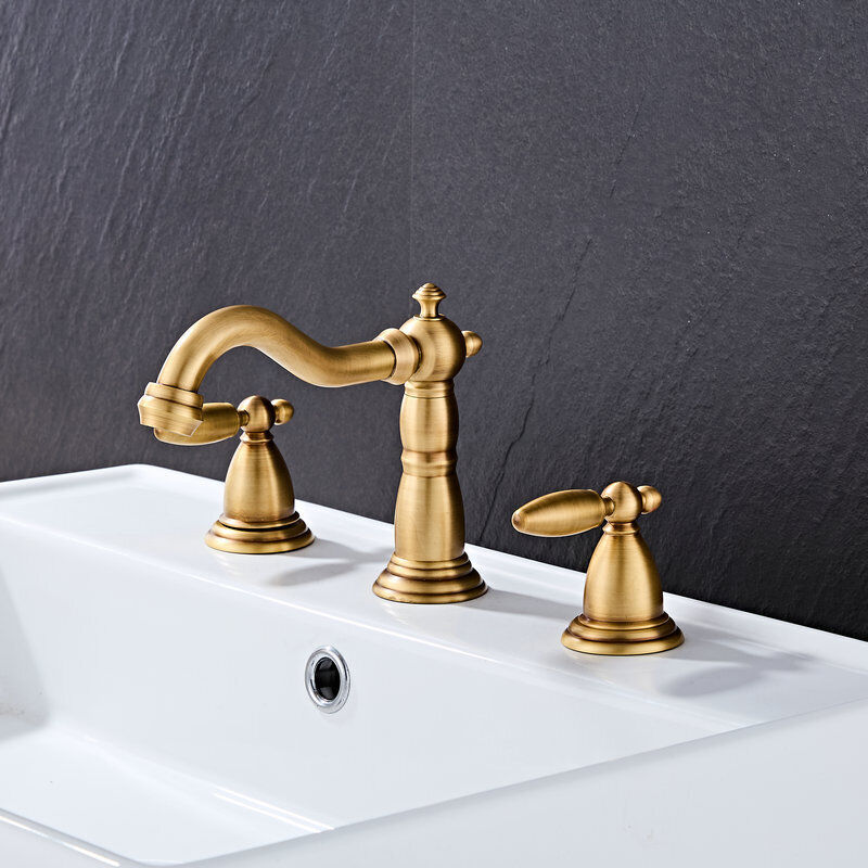 European antique gold brushed brass bathroom faucet, double handle hot and cold water tap, retro faucet with hose