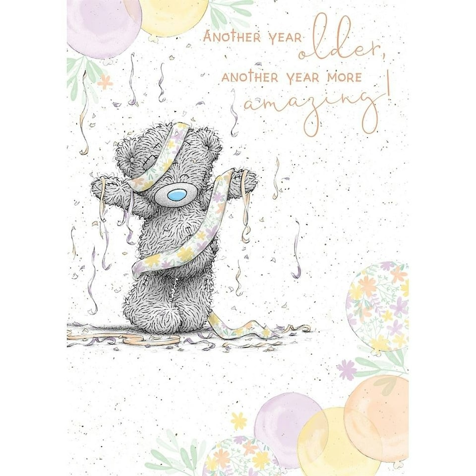 image 1 of Bear Wrapped In Banner 'Another Year More Amazing' Birthday Card