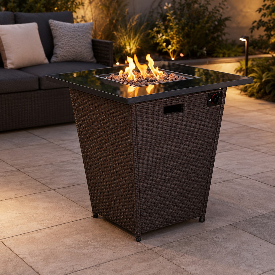 image 1 of Teamson 76cm Propane Gas Fire Pit Table with Rattan Base, 40,000 BTU