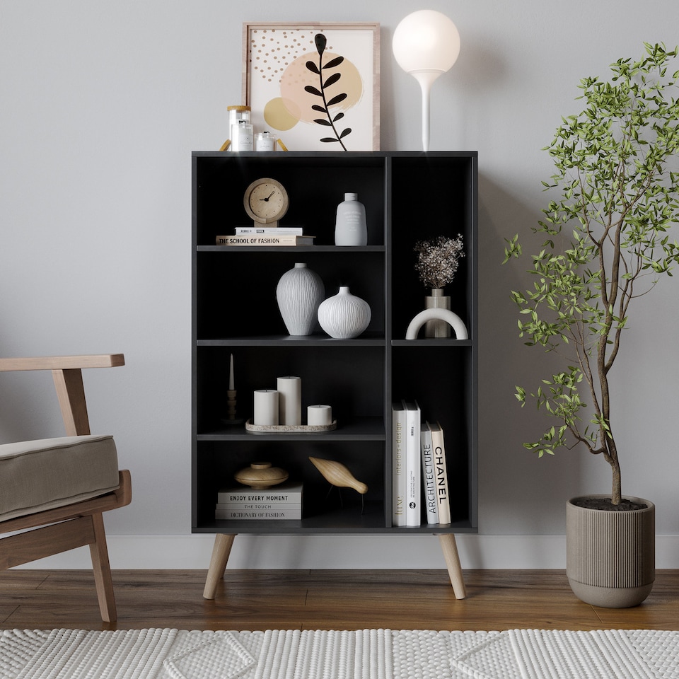 image 1 of Black 4-Drawer 2-Section Shelving Unit | Black | Black & Pine | 1