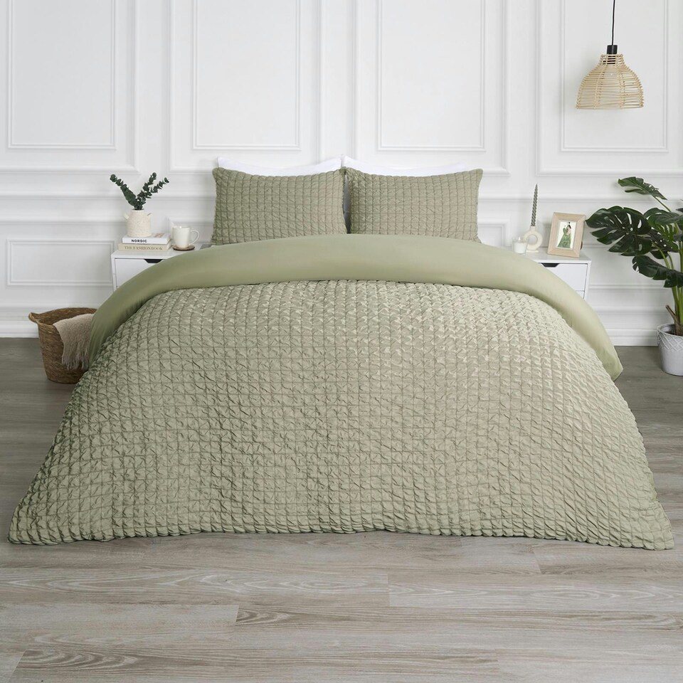 OHS Luxury Geometric Seersucker Duvet Quilt Bedding Set, Single Sage