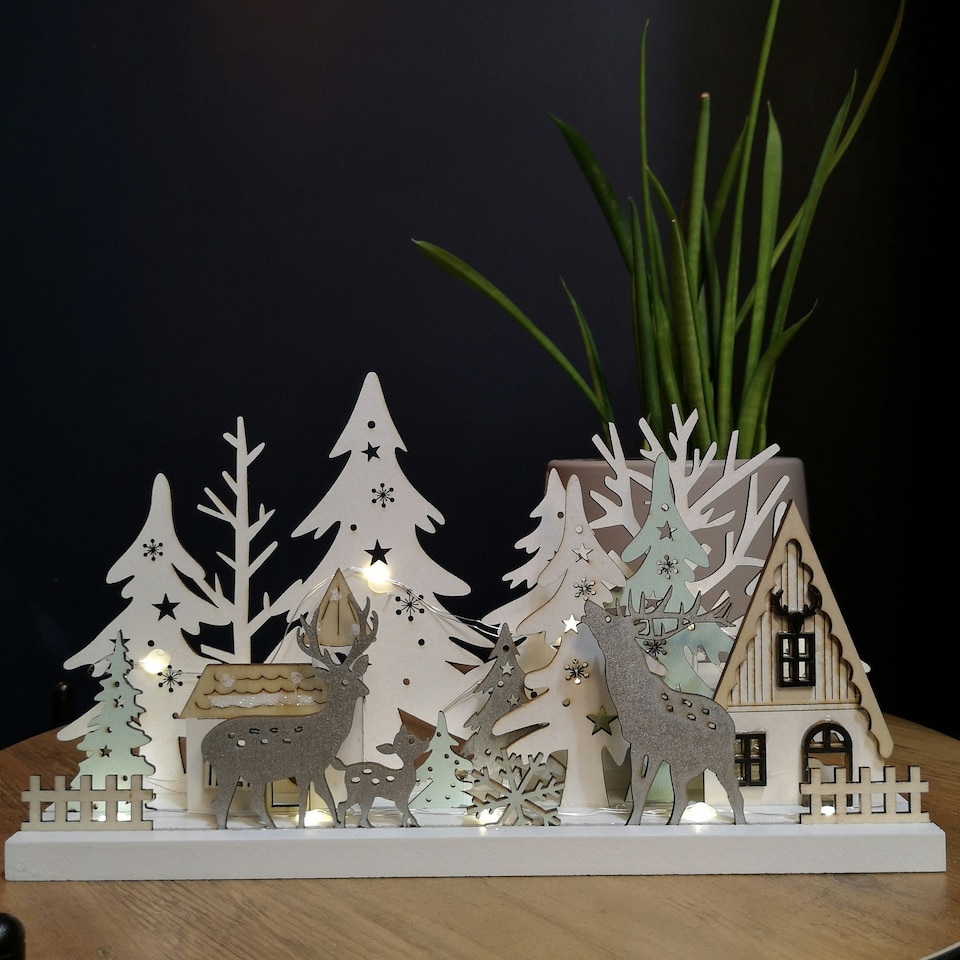 image 1 of 30cm Battery Operated Indoor Christmas Wooden Village & Reindeer Scene with Warm White LEDs