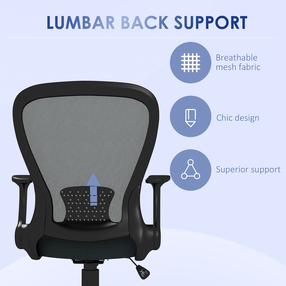 image 1 of Vinsetto Mesh Office Chair, Ergonomic Computer Desk Chair with Flip-up Armrest, Lumbar Back Support, Adjustable Height, Swivel Wheels, Charcoal Grey