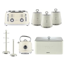 GEEPAS Electric Kettle, 4 Slice Bread Toaster, Set of 3 Tea Coffee Sugar Canister, Bread Bin, Mug Tree & Towel Pole Set