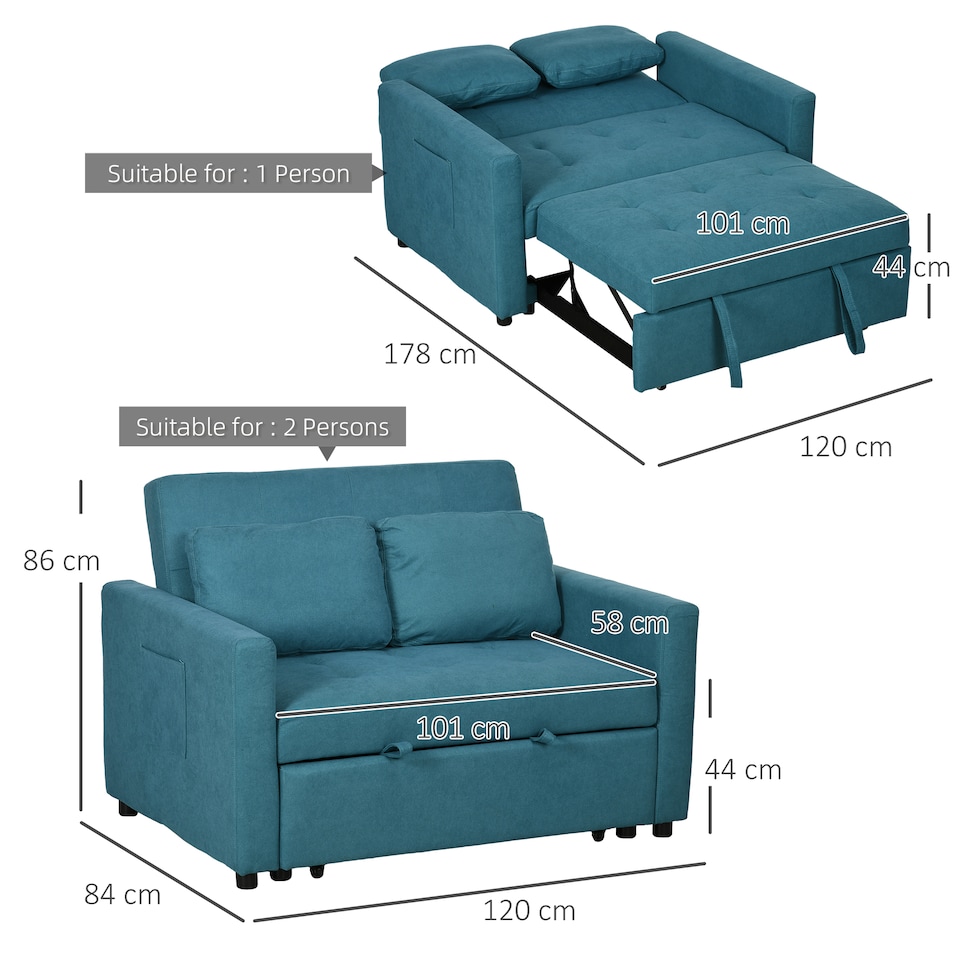image 1 of HOMCOM 2 Seater Sofa Bed, 120 cm Convertible Bed Settee, Modern Fabric Loveseat Sofa Couch with 2 Cushions, Side Pockets for Living Room, Guest Room, Blue
