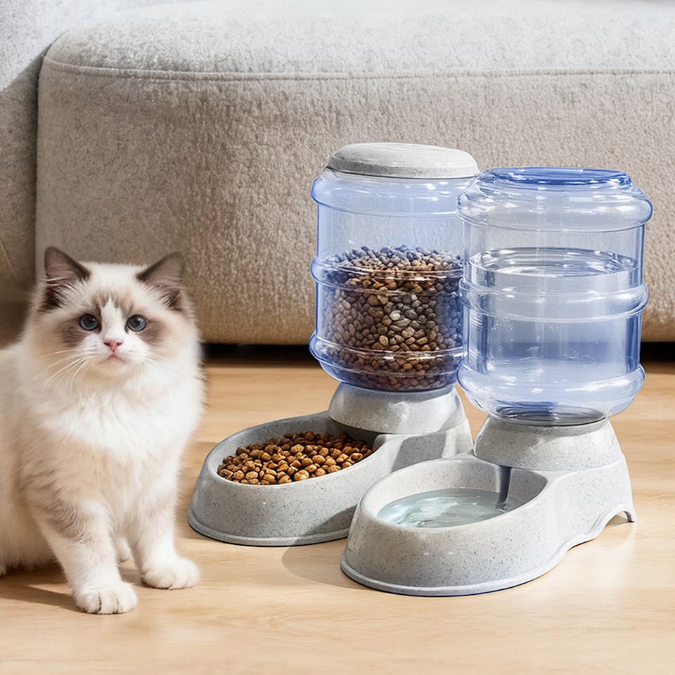 image 1 of Skylos 2 Packs Automatic Food Feeder Waterer Set Plastic Dispenser Dog Cat 3.5L