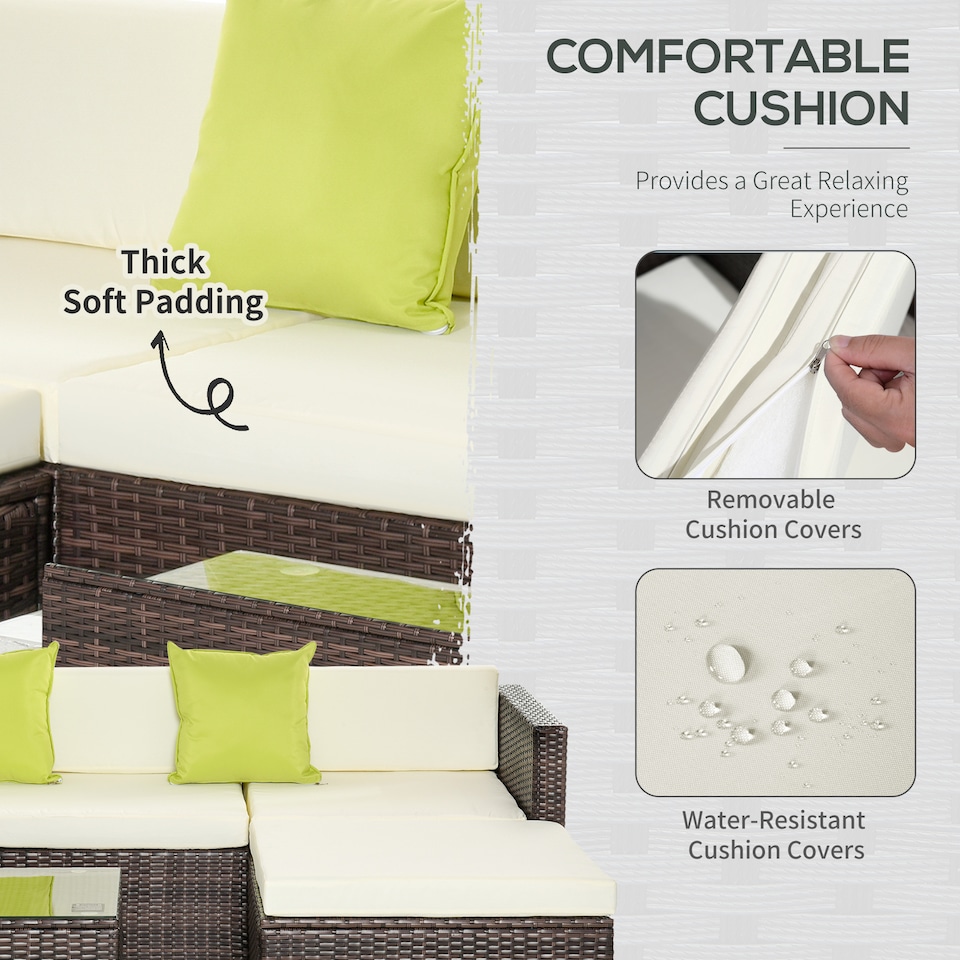 image 1 of Outsunny 5 Pieces PE Rattan Garden Furniture Set with Cushions, Outdoor Corner Sofa, Patio Sectional Conversation Furniture Sets with Glass Top Coffee Table, Brown