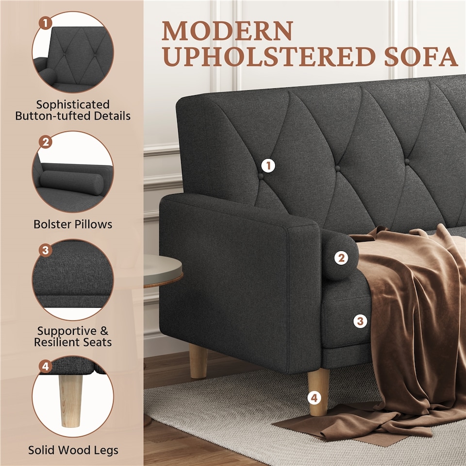 image 1 of Yaheetech Fabric Convertible Sofa Bed with 2 Bolster Pillows-Black