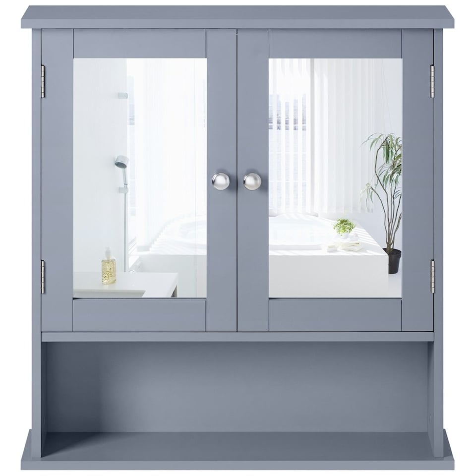 image 1 of Yaheetech Wooden Wall-Mount Cabinet with Double Mirror Doors Grey