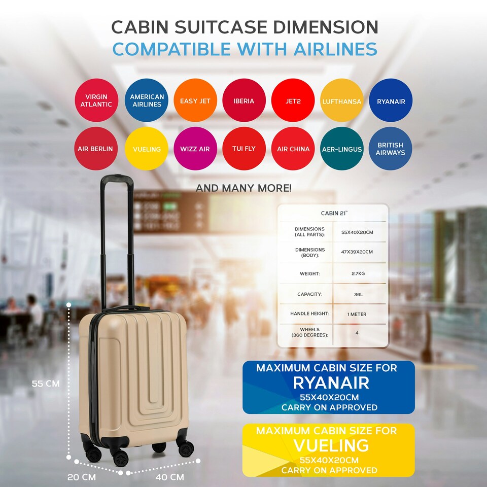image 1 of Flight Knight Premium Hard Shell Lightweight Cabin Suitcase - 8 Wheels - TSA Lock & USB Port - 100 Airlines Approved Including Ryanair Priority - 55x40x20cm Cream | Champagne | Cabin Bag