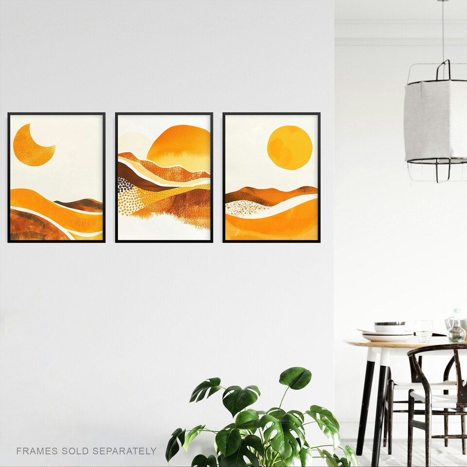 image 1 of Set of 3 Abstract Amber Mountain Landscape Moon Living Room 12X16 Inch Wall Art Prints Pack