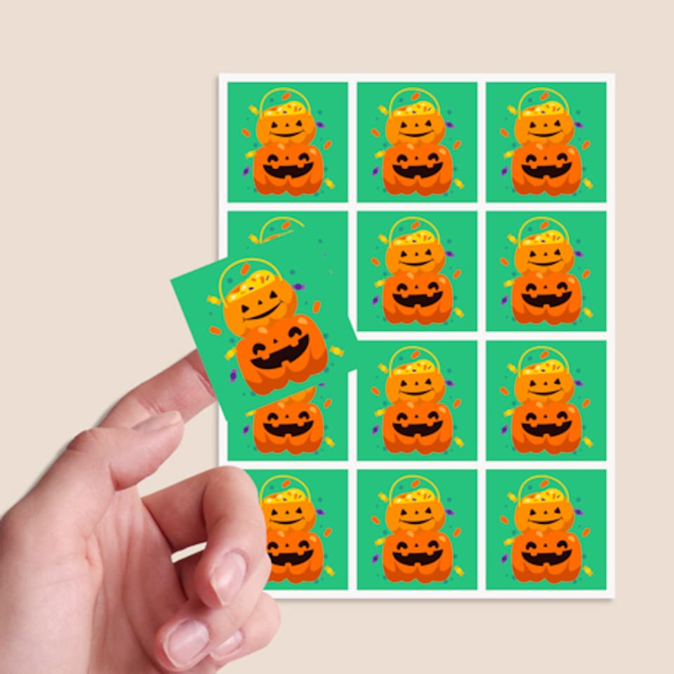image 1 of Pumpkin Green Halloween Square Stickers 60mm - Sheet of 12