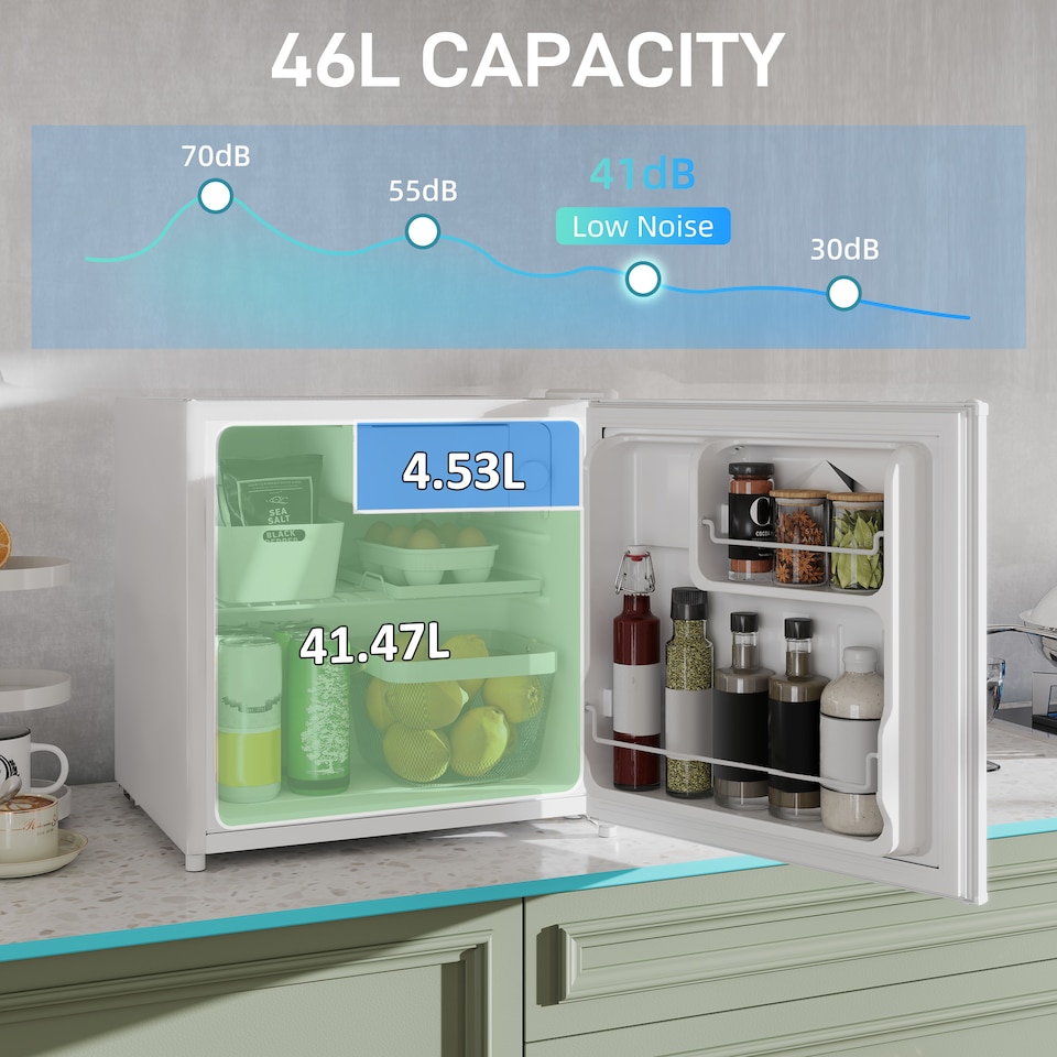 image 1 of HOMCOM 46 Litre Table Top Mini Fridge, Small Fridge with Ice Box, Reversible Door, Adjustable Temperature and Legs for Bedrooms, Home Office, Cream