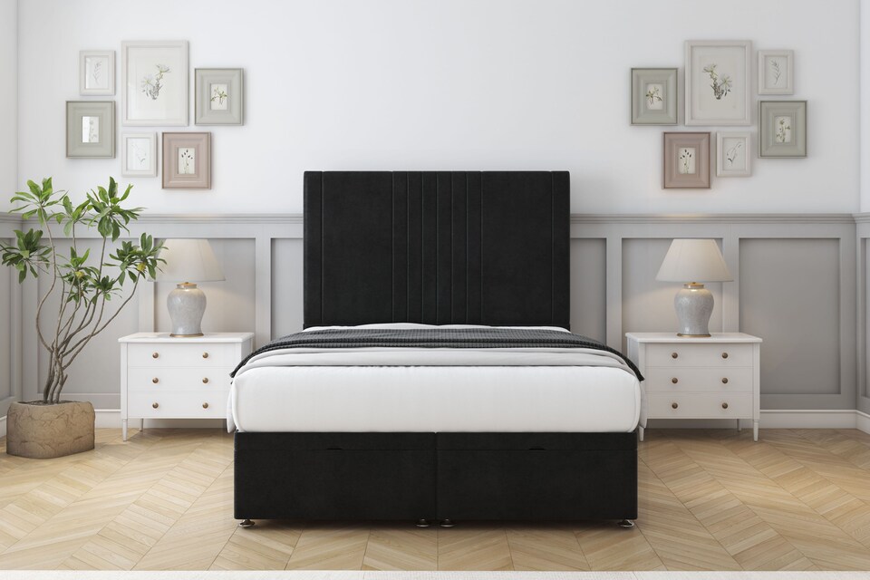 image 1 of Sloomy Harrington Black Plush Ottoman Bed With Mattress With 26" Strutted Headboard 6' Super King
