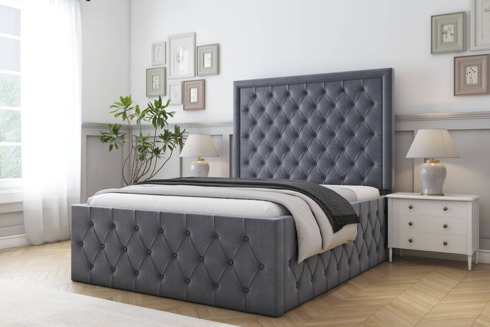 image 1 of Sloomy Vienna Steel Plush Special Bed Frame. With 50" Upholstered Headboard 5' King