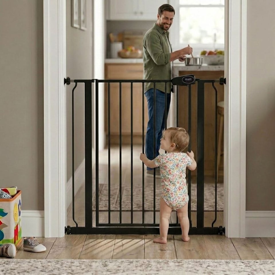 image 1 of Safetots Extra Tall Narrow Metal Safety Gate Pressure Fit, 68.5cm - 75cm, Matt Black, 104cm in Height, Extra Tall Baby Gate | Black | 1
