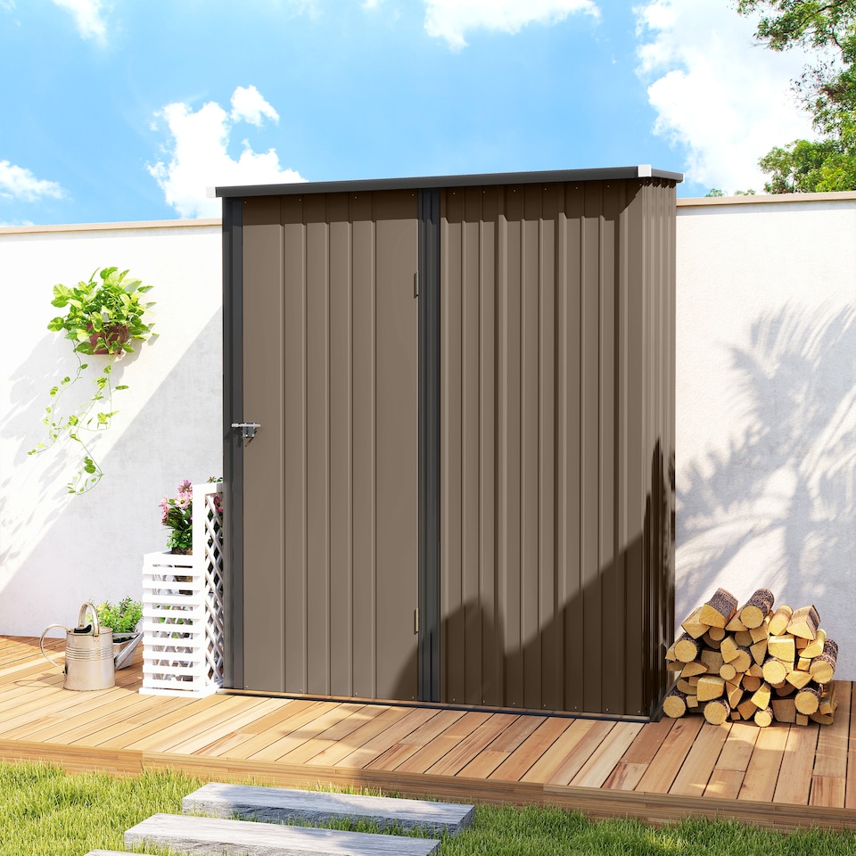 image 1 of Outsunny 5ft x 3ft Lean to Garden Shed, Metal Outdoor Storage Shed with Single Lockable Door, Tool Storage Shed for Garden, Patio, Brown