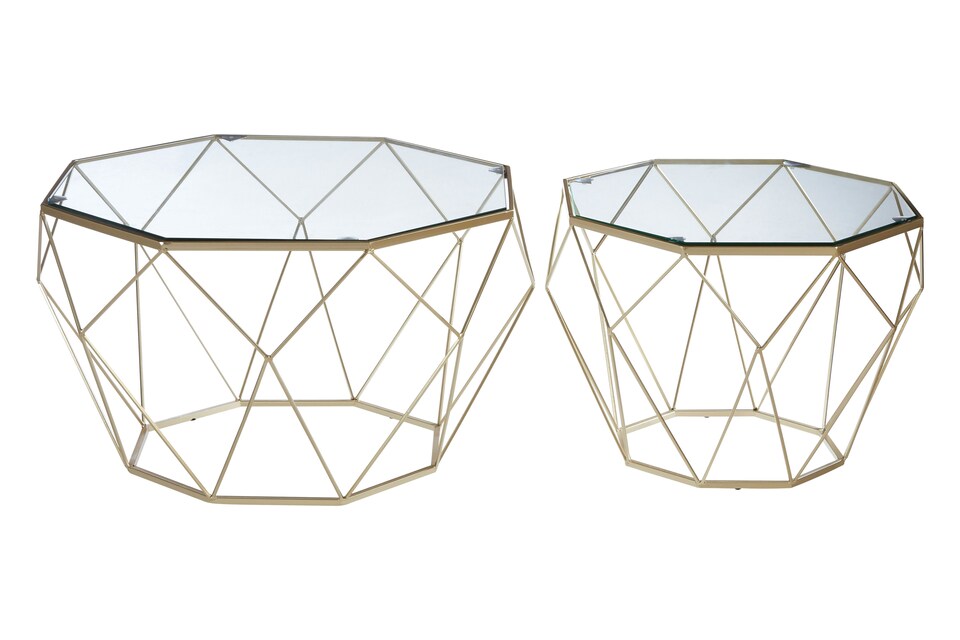 image 1 of Orsina Geometric Set Of 2 Clear Glass Tables, Iron Frame Side Table By Couch, Champagne Finish Lounge Table