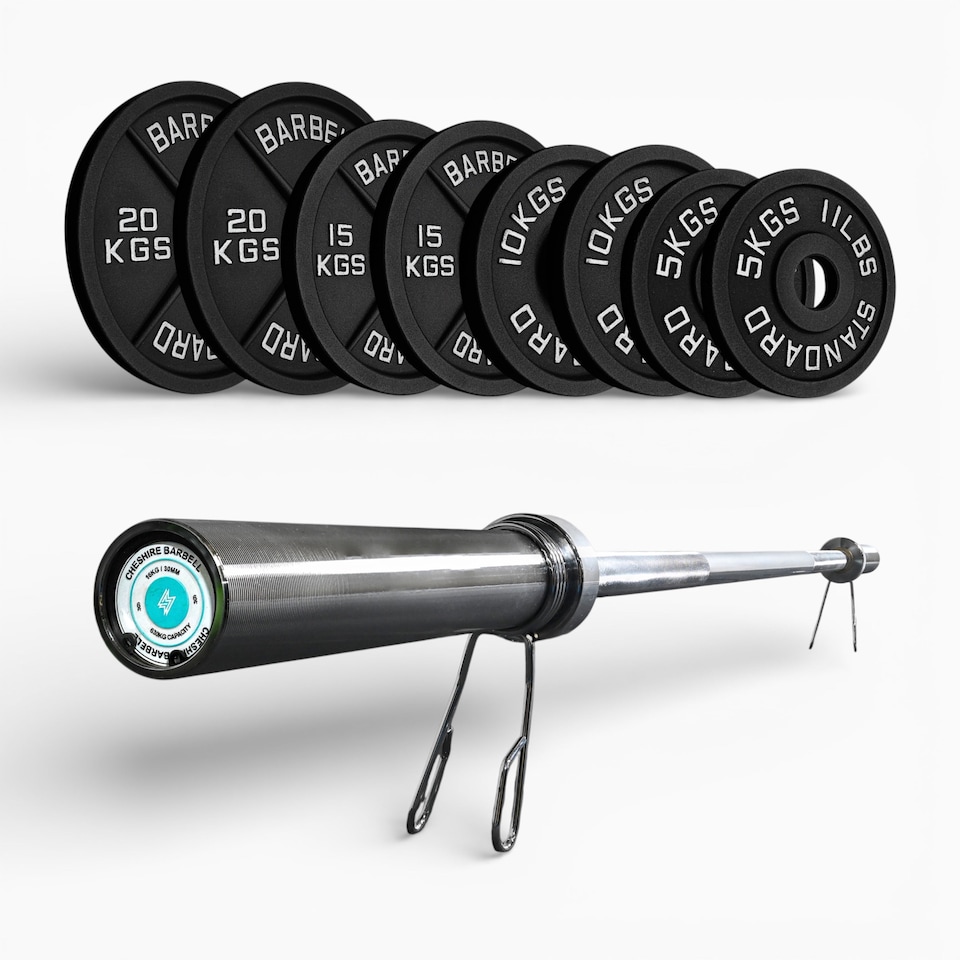 image 1 of GYM SETS UK  Cast Iron Weight Plates- (100kg Set / With 6ft Cheshire Barbell + Clips)