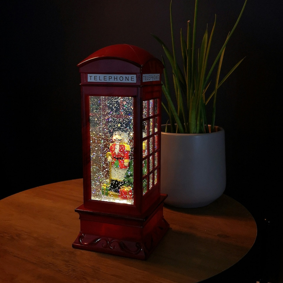 image 1 of 27cm LED Christmas Glitter Water Spinner Red Telephone Box with Speaking Nutcracker Scene