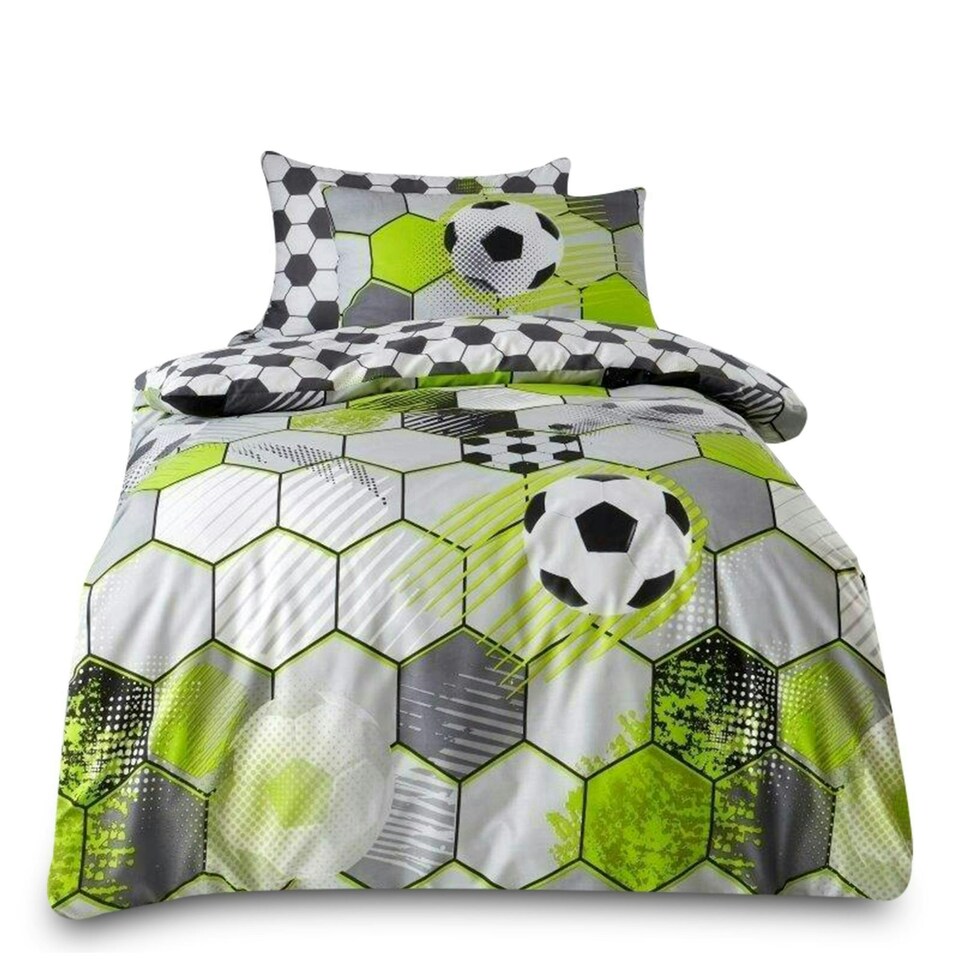 image 1 of VELVETIO Football Stamp Duvet Cover Set Easy Care Polycotton Kids Beddings Grey | Double