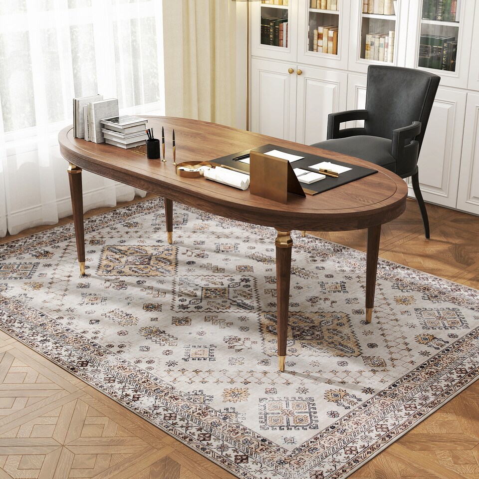 image 1 of HOMCOM Vintage Area Rug, Non-Slip Washable Rug, Flannel Floor Carpet for Living Room, Bedroom, Dining Room, Home Office, 230 x 160 cm, Beige