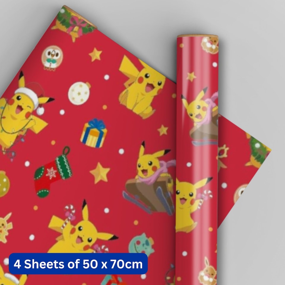 image 1 of Pokemon Christmas 4 Sheets & 4 Tags Gift Wrap