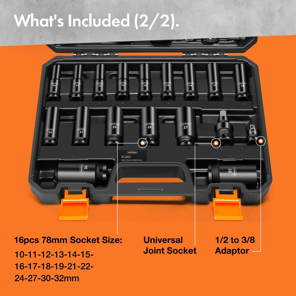 image 1 of VonHaus 40pcs Heavy Duty 1/2 Impact Socket Set with Carry Case
