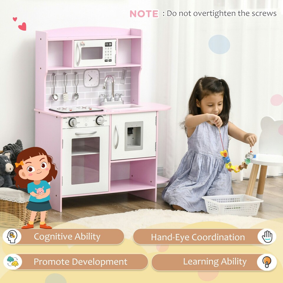 image 1 of HOMCOM Kitchen Set for Kids W/ Lights Sounds, Microwave, Sink, for Aged 3-6