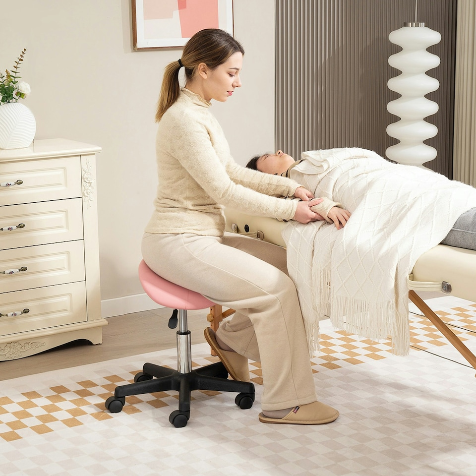 image 1 of HOMCOM Saddle Stool Adjustable Rolling Salon Chair for Massage Spa Beauty Pink Pink