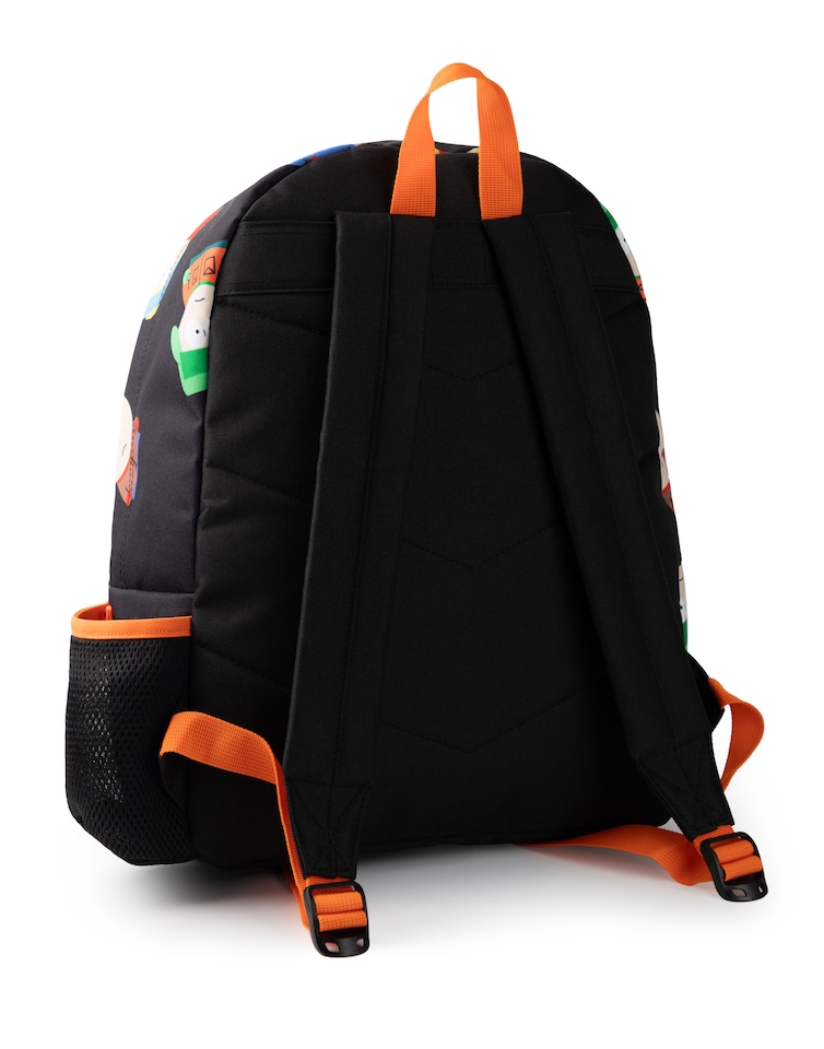 image 1 of South Park Character All Over Print Backpack in Black & Orange | Unisex Adult School Rucksack for College & Work | TV Series Merchandise