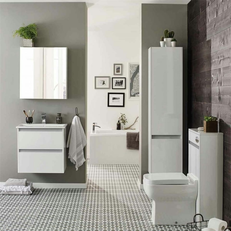 image 1 of Bathroom Wall Mounted Tall Storage Unit 350mm Wide - White - (Urban) - Brassware Not Included | White | White | 1
