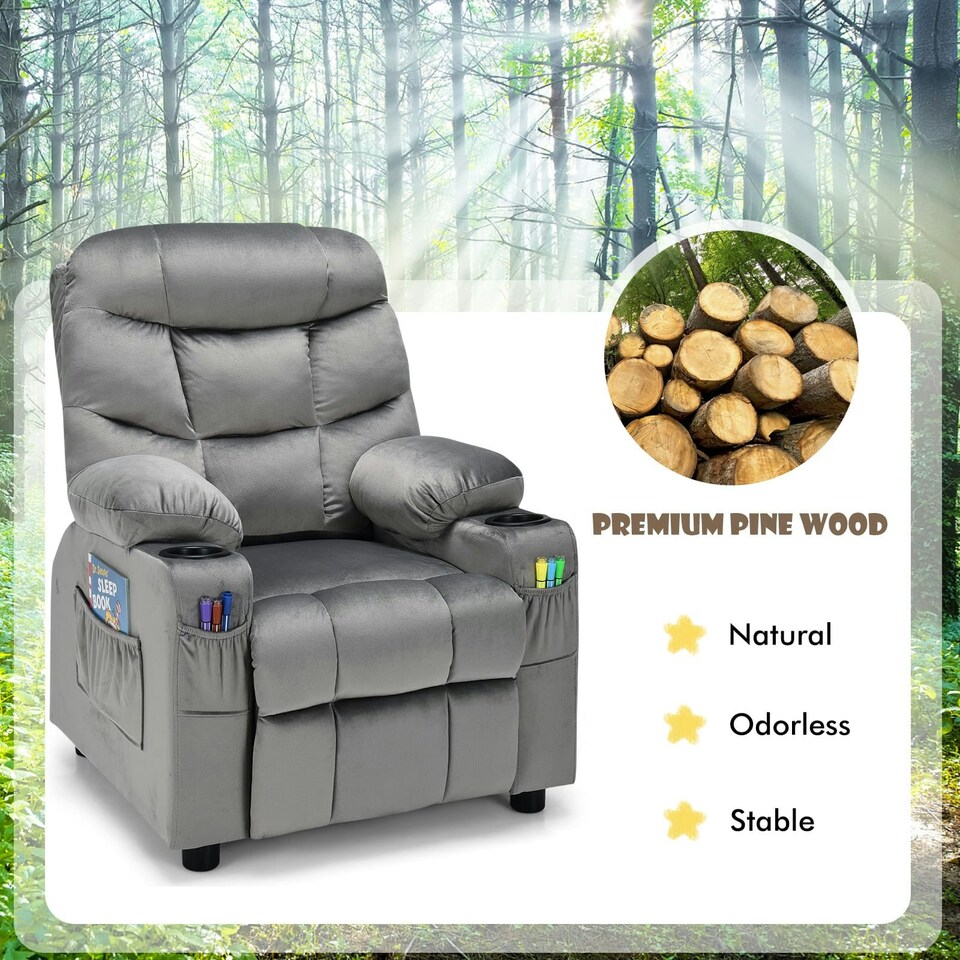image 1 of COSTWAY Kids Recliner Chair Velvet Adjustable Sofa Chair Grey | Grey | Chair