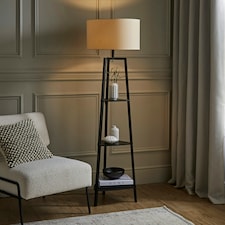 ValueLights Hiru Black 3 Tier Shelf Floor Lamp Natural Shade Cream