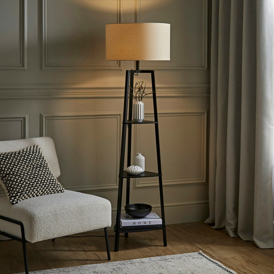 image 1 of ValueLights Hiru Black 3 Tier Shelf Floor Lamp Natural Shade Cream