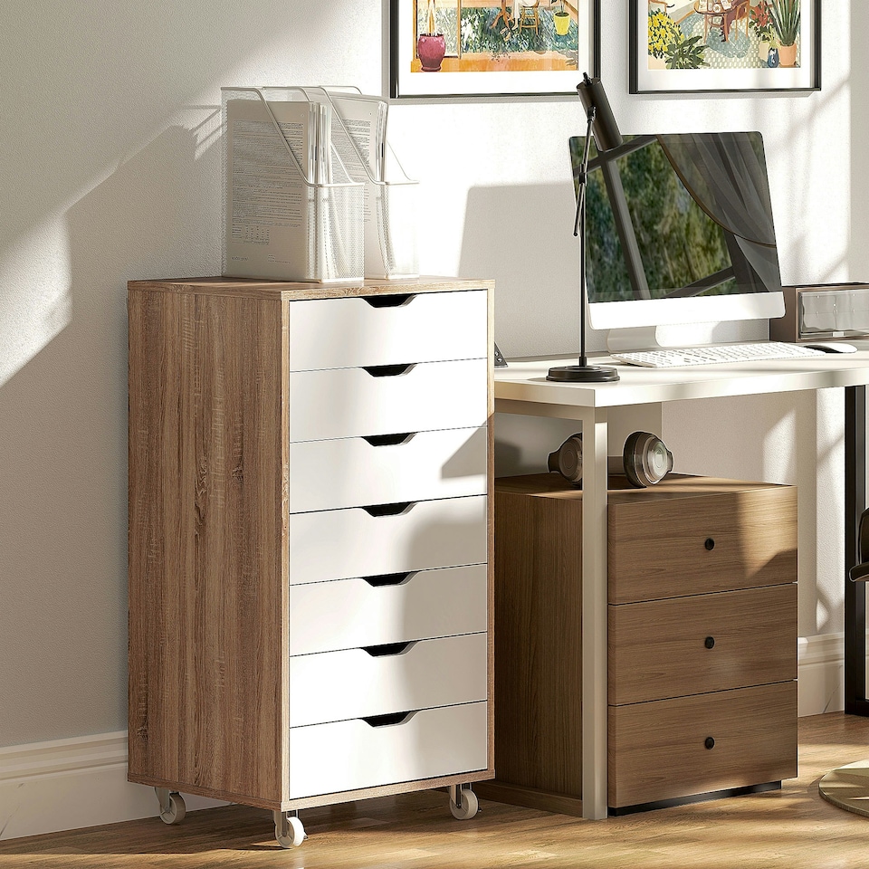 image 1 of Vinsetto Mobile Filing Cabinet, 5-drawer File Cabinet with Wheels, Oak