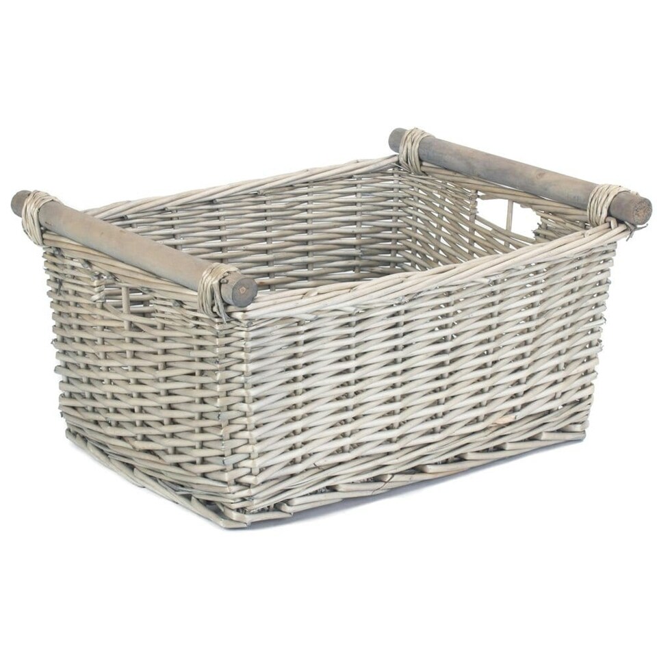 image 1 of Small Grey Wash Wooden Handled Storage Basket | Grey | Grey